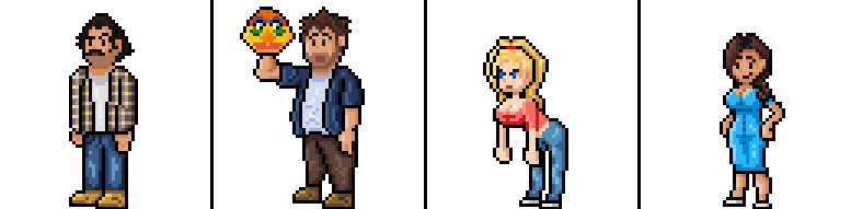 Earl, Randy, Joy, and Catalina from My Name is Earl as pixel sprites